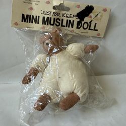 Vintage “Just For Keeps" Mini Muslin Doll Teddy Bear With Soft Body and Hard Plastic Head 