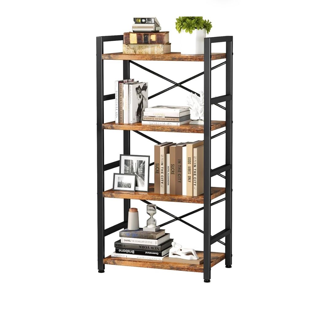 Homeiju 4 Tier Metal Bookshelf Small Bookcase Rustic Brown Organizers and Storage Book Shelf Organization and Storage for Living Room Bedroom