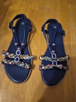 Navy Blue Flat Sandals with Jewel Detail