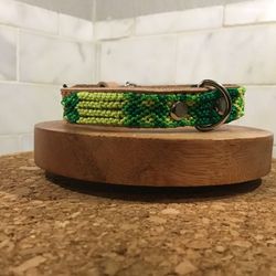 Handmade Dog Collar – 10” XS – Green & Yellow Artisan Weave