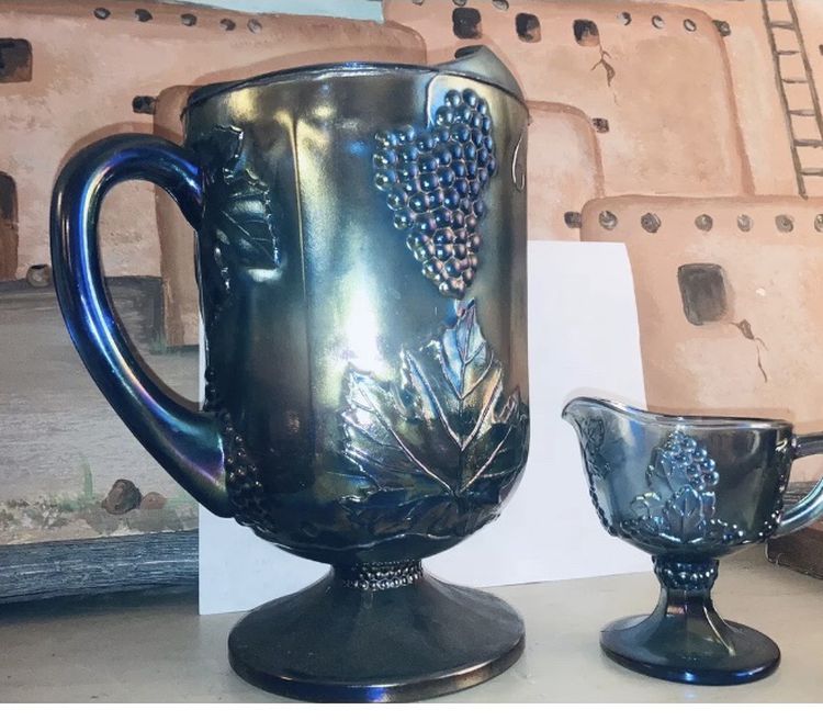 Blue Carnival Glass Pitcher And Creamer