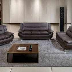 Brown Modern Faux Leather 3 PCs Sofa Set 