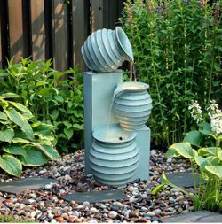 Modern Bowls Water Fountain with Lights – 3-Tier Aqua Blue Polyresin  ，F2352