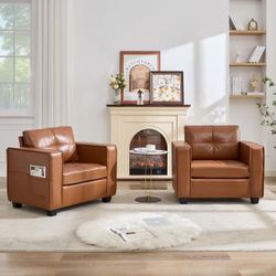 Brown Faux Leather Accent Chair Set of 2, Comfy Living Room Chair Reading Oversized Accent Chairs Tufted Mid Century Modern Arm Chair, 38.58" Wide Arm