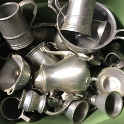 Lots Of Pewter And Silver Mugs, Goblets Tea Kettles