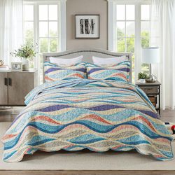 Queen Coastal Quilt Set 3 Piece Flowing Sand Microfiber 96"x90" NEW