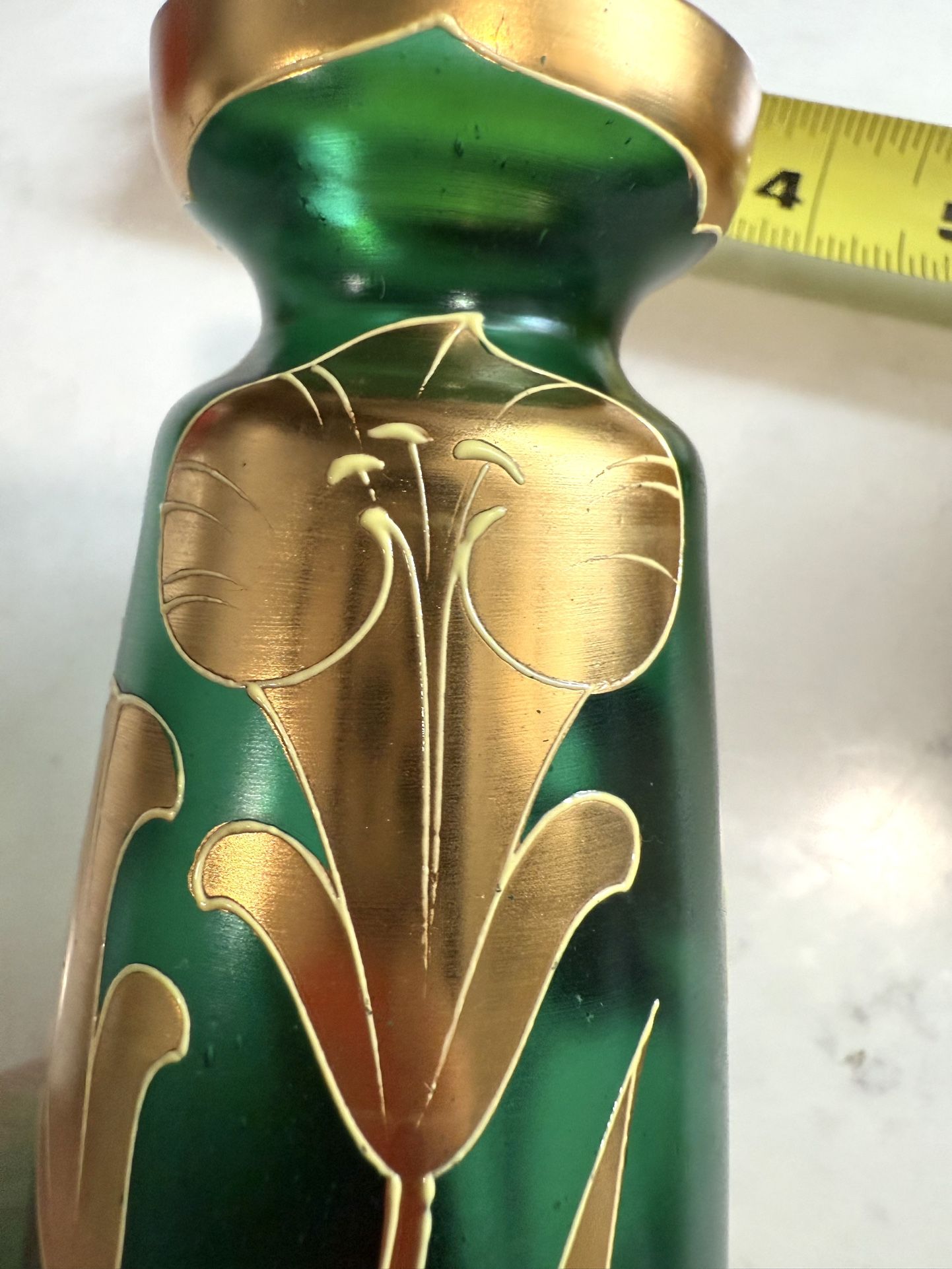 Stunning Art Nouveau Green Satin Glass Gold Guilt Flowers Leaves Vase 7.25” T