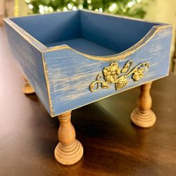 Upcycled Rustic Blue Decorative Catch All Wooden Blue Box With Metal Floral Appliqué 