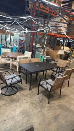 New Set of 7 Outdoor Patio Dining Table Set with 2 Swivel Chair and 4 Armchair