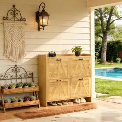 Shoe cabinet with 4 drawers, separate shoe boxes, hidden shoe rack, wooden legs design (light oak)