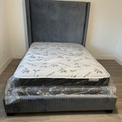 Queen Bed Tall 72" Grey Corduroy 