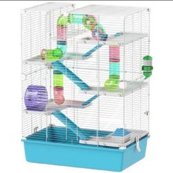 6 Tier Hamster Cage~NEW~w Tubes and Tunnels, Hut, Wheel, Food Dish, Water Bottle, Ramps, for Dwarf & Gerbil, Light Blue