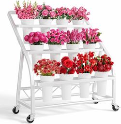 Flower Cart Display Stand with Wheels &12 Buckets,3 Tier Heavey Duty Metal Plant Holders Rack Stepped design Flower Bar Shelf Station for Indoor Outdo