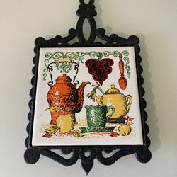 Vintage Trivet Tile and Iron Wall Hanging