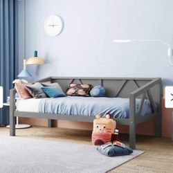 Twin kids Bed, Wood Slat Support twin size Daybed in Grey, E-10