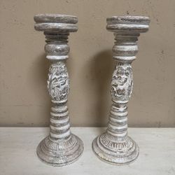 Pier 1 Carved Floral Candleholder Pair