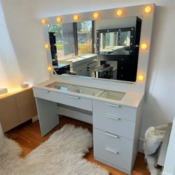 Lager Makeup Vanity with Hollywood Lights Built-in, 6 Drawers, Wide Hollywood Mirror, Glam Glass Top