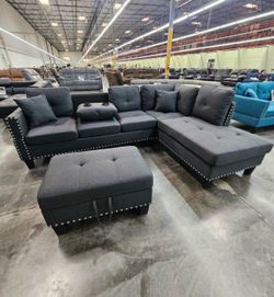 Brand new Charcoal Grey Linen Sectional Sofa with storage ottoman and 2 accent pillows