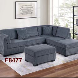 GREY CORDUROY SECTIONAL WITH OTTOMAN 