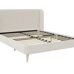Ivory Upholstered Wingback Queen Bed Frame