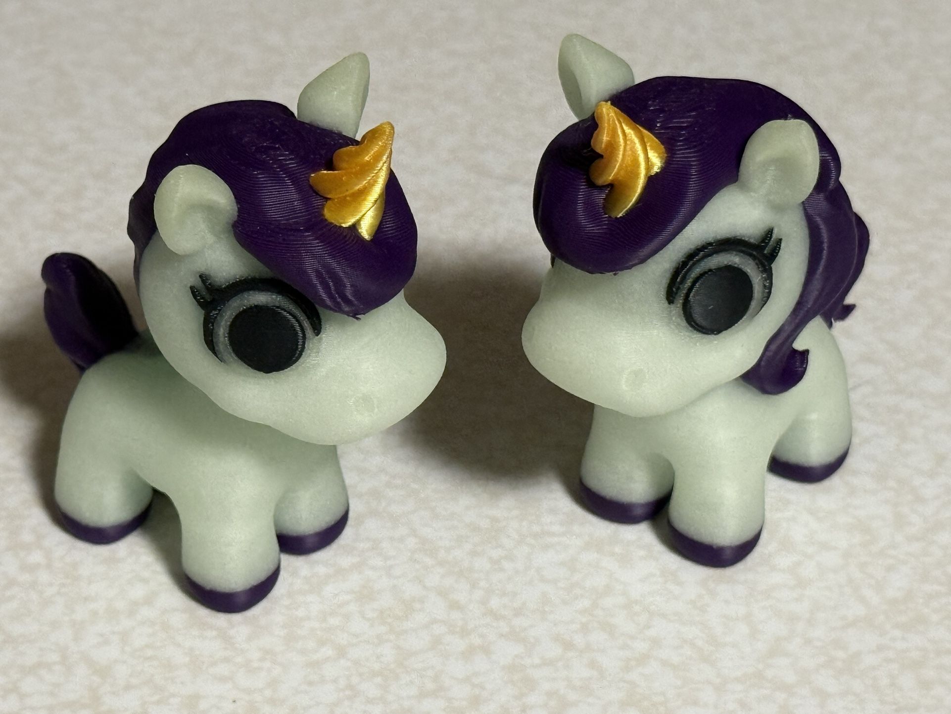 Set of 2 Glow in The Dark Unicorns with Purple Hair 3D Printed