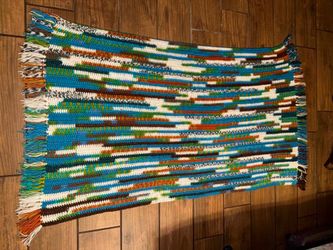 Handmade Crocheted Throw Rug in Blue, White, Green & Brown