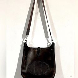 𝐇𝐞𝐫𝐦𝐞𝐬   Brown Vintage Evelyne Amazonia Rubber Leather Trim Shoulder Bag  