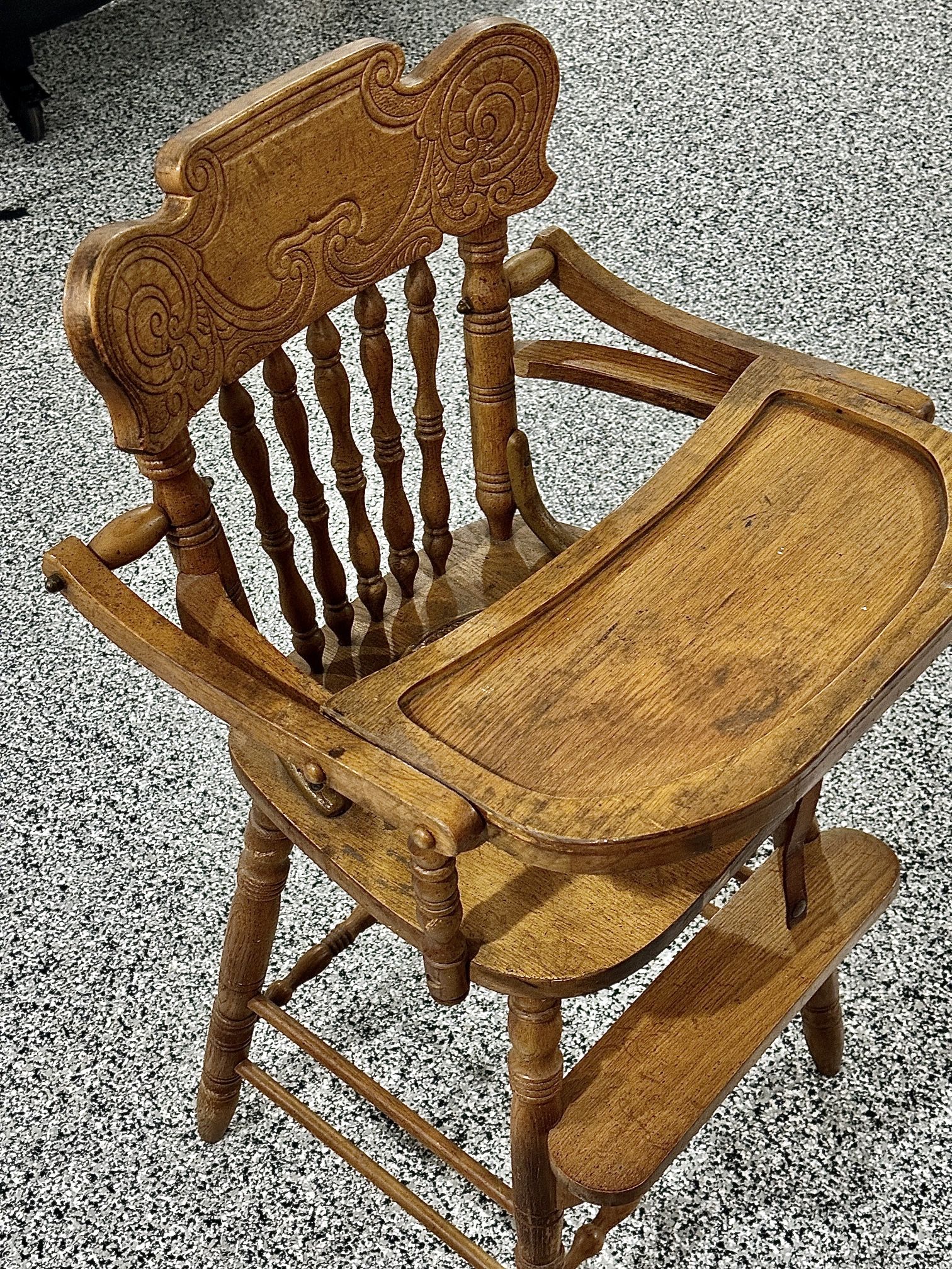 Antique Victorian Small Child’s Oak Wood High Chair