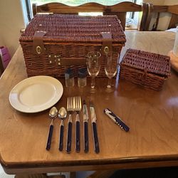 Picnic Basket With Wine Glasses, Utensils And Plates For Two