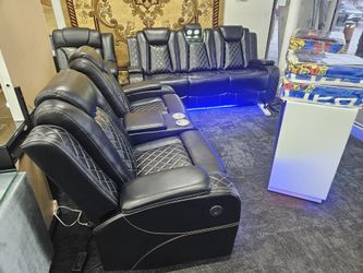 New Special Electric Black Recliner 2pc Sofa Loveseat LED lights Wireless Charger