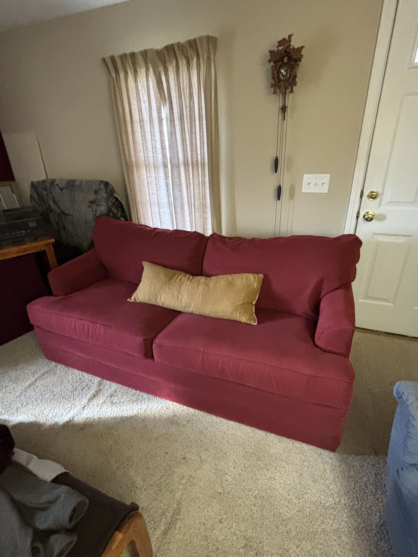 $75 Red Fabric Couch, 6 FT long
