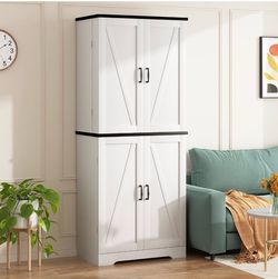 Kitchen Pantry Cabinet, Farmhouse Tall Cupboard Storage, White Freestanding, with 8 Door Shelves, 2 Cabinets and 1 Drawer, for Kitchen, Living Room, D