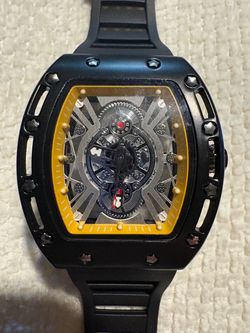 Bibi Skeleton Dial Tonneau Watch Black Yellow