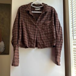 Hollister Brown Plaid Cropped Button Down Shirt (Size S)