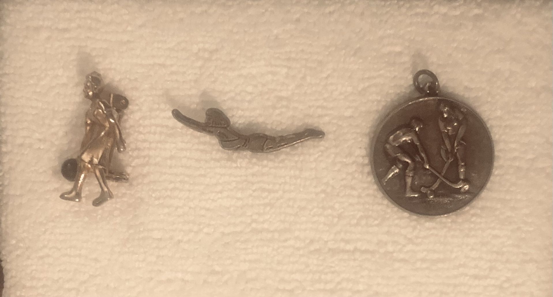 3 Vintage/Antique Sports Hockey Medal Inscribed Butch 11-4-3-Might Be Silver?-Ladies Bowling Pin, Swim Pin.