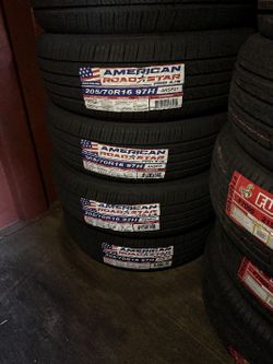 SET OF FOUR NEW TIRES 205/70/16 AMERICAN ROADSTAR INCLUDING MOUNT AND BALANCE, ASK ME FOR SIZES AND BRANDS 