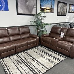 2PC Brown Leather Sofa & Loveseat