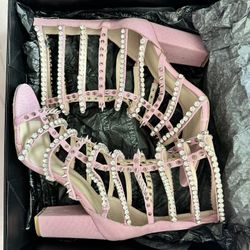 Baby Pink Denim Studded Cage Heels