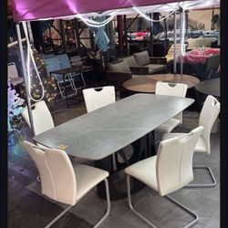 New 6 Chairs And 70"x35" Sintered Stone Faux Marble Dining Table Set