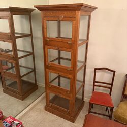 tall, four-tier antique oak tower display showcase cabinet with glass panels and drop-front hinged doors on multiple levels. EXCELLENT CONDITION   PIC