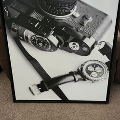 Canvas wall art with vintage camera and watch