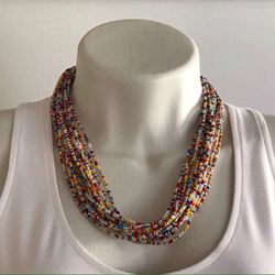 Bohemian Necklace, Boho Necklace, Multicolored Beaded Necklace, Bib Statement Necklace, Colored Necklace, Old Gold Clasp, Layered Necklace