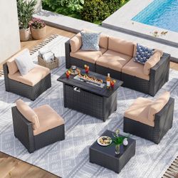 Aoxun 8 Piece Patio Furniture Set with 44” Fire Pit Table Wicker Patio Sectional Sofa Set Outdoor Seating Furniture with Thickened Cushion, Beige