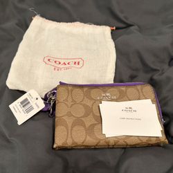 Brown Coach Clutch Purse With Purple Trim