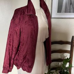 vintage 90s Y2k silk maroon tapestry floral embossed zip up bomber jacket sz med