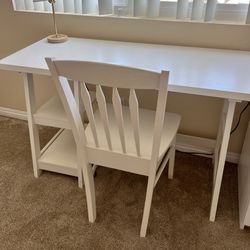 White Wooden Desk With 2 Shelves + Chair