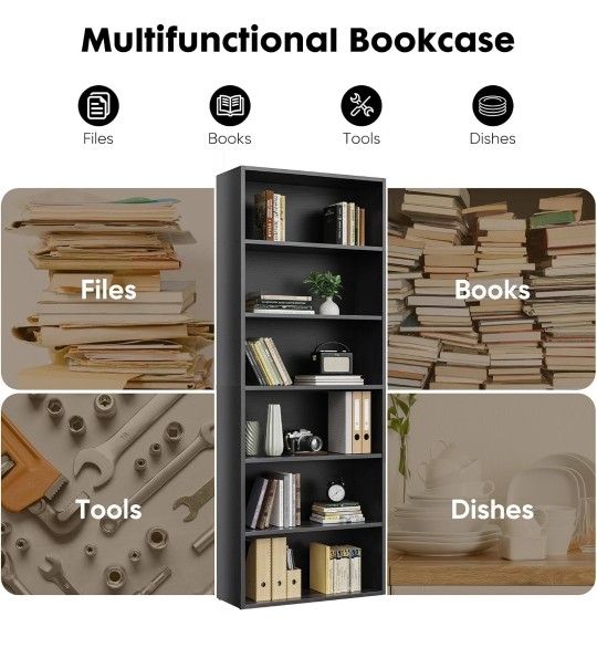 6 Open Shelf Bookcase, Large 63 Inch Tall Display Storage Shelves, Floor Standing Bookshelf for Home Office, Living Room, Black.
New in box