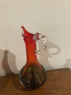 Vintage hand-blown ruby red art glass pitcher, or jug, 11” tall, excellent condition (No chips or cracks)