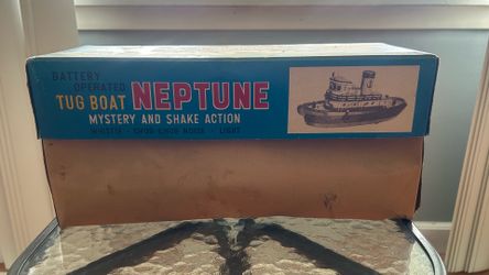 Vintage tug boat Neptune battery operated tin toy