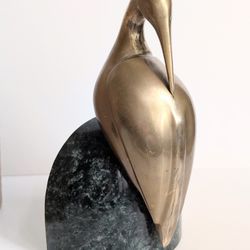 Vintage Art Deco Brass & Deep Green Marble Egret Crane Bookend 7.5" Tall